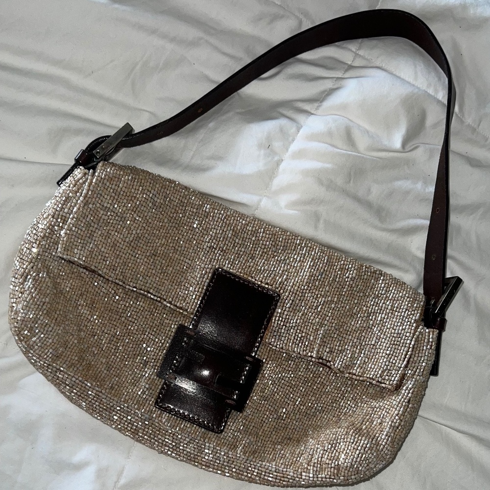 FENDI Leather-Trimmed Gold Beaded Baguette